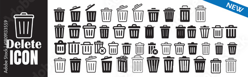 Delete icon set. Trash can sign. Waste basket symbol. Garbage bin vector collection.