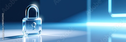 Cybersecurity concept with a transparent glass padlock. Digital data protection and internet privacy technology on a futuristic blue background with copy space