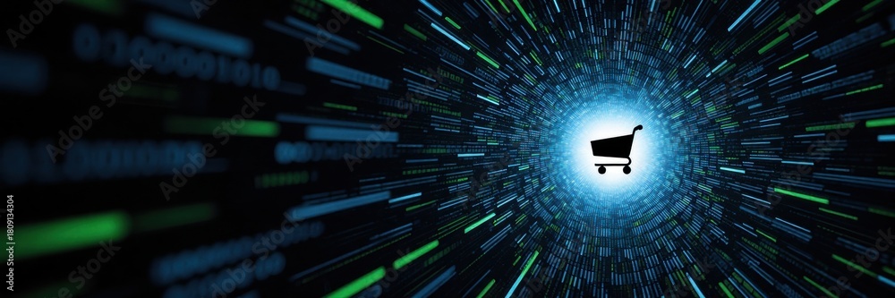 Fototapeta premium E-commerce and online shopping concept. Shopping cart icon in a digital data tunnel with binary code. Black Friday cyber sale technology background