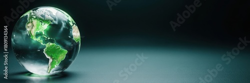 A glowing glass globe of planet Earth on a dark background. Green ecology and environmental sustainability concept. Panoramic banner with copy space