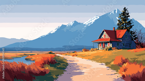 Scenic Landscape Painting with House and Mountains Vector