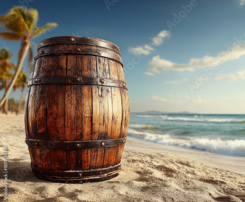 Barrel of rum on a tropical...