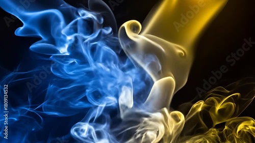 Abstract Blue and Yellow Smoke Swirls on Black Background