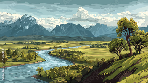 Serene Landscape Painting with River and Majestic Mountains