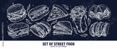 Fast food and street food: hamburger, hot dog, pizza, shawarma, sandwich, tortilla, taco, gyros in vintage style. Hand-drawn sketch.
