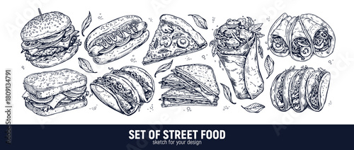 Fast food and street food: hamburger, hot dog, pizza, shawarma, sandwich, tortilla, taco, gyros in vintage style. Hand-drawn sketch.
