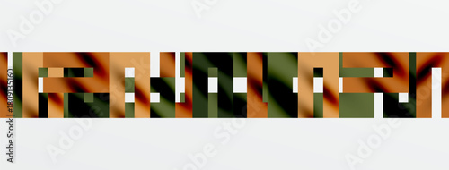 Abstract geometric pattern. Rectangles, shades olive, brown, orange dominate composition. Minimalist design, horizontal orientation.