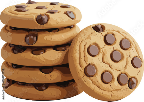 Freshly baked, golden brown, chocolate chip cookies, stacked dessert, chewy texture, homemade snack, sweet treat, comfort food, bakery style