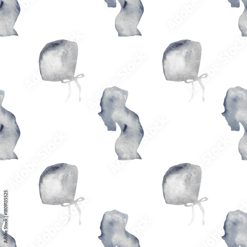 Watercolor pregnant girl and baby silhouette blue print.Hand painted silhouette motherhood element  pattern on white background.