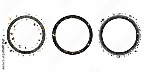 Set of three circular starry frames with gold and black stars, glitter sparkle wreaths, cosmic halo borders for festive decoration and design elements vector