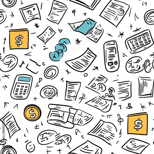 Hand drawn seamless pattern of business finance doodle icons with coins calculator documents digital pen sketch style vector background wallpaper design elements