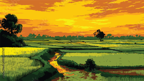 Scenic Rice Field Sunset Painting for Creative Projects