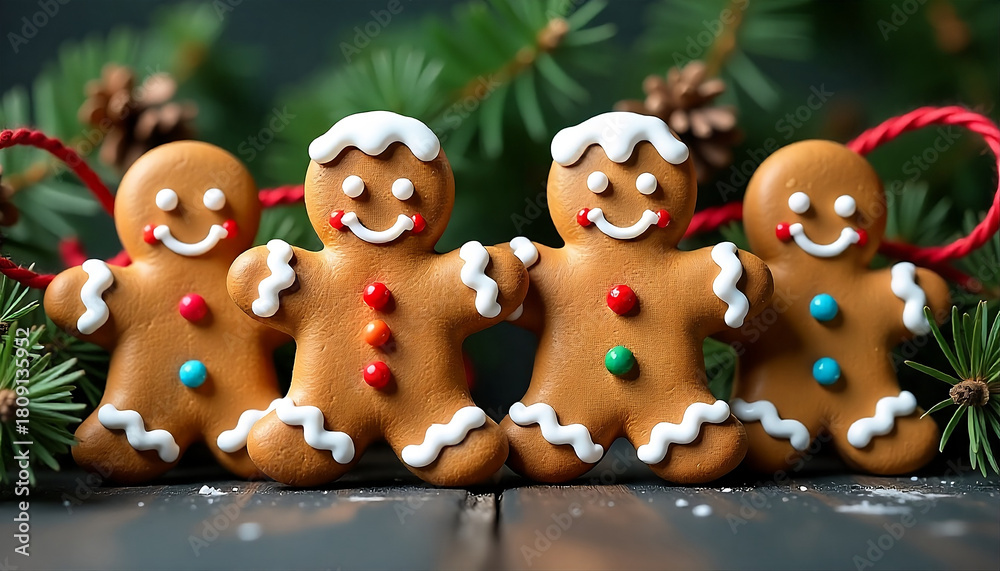 Fototapeta premium gingerbread men with white icing frosting, created with generative ai