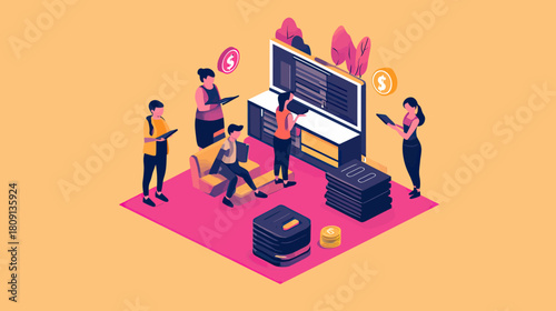 Isometric Team Working on Software Development Project with Code on Screen and Digital Collaboration Concepts in Modern Office