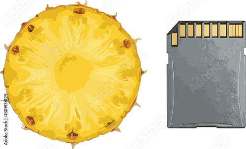 Pineapple slice, SD memory card, food and tech contrast, yellow fruit, digital storage, white background, visual comparison, concept design