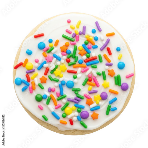 Deliciously decorated sugar cookie with white frosting and colorful sprinkles awaiting enjoyment transparent background