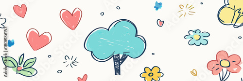Hand drawn doodle style children's background with colorful flowers, hearts, tree, clouds, leaves, and whimsical sketch elements for kids design and decoration