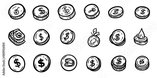 Hand drawn doodle style set of various coins with dollar signs, money currency sketches, financial profit and cash payment outline icons collection in black stroke