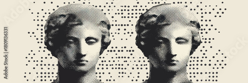 Antique Greek statue busts with vintage halftone dotted stipple effect contemporary collage style flat vector illustration