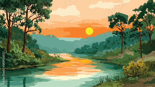 Serene Landscape Painting of River, Trees, Lake, and Sun