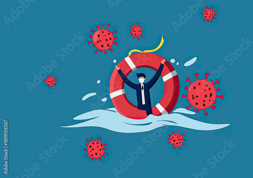Businessman wearing mask holding life buoy floating in water surrounded by red coronavirus particles COVID-19 pandemic risk concept vector illustration