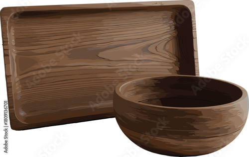 Wooden tray and bowl, natural kitchenware, eco-friendly design, rustic texture, handcrafted wood grain, food serving set, minimal