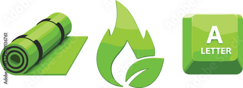  Yoga mat, eco flame icon, keyboard key, green theme, health and nature symbols, digital input, white background,