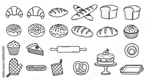 Bakery and pastry icon set hand-drawn vector illustration isolated on white background