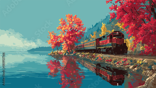 Scenic Autumn Lake Train Painting with Vibrant Fall Leaves Vector Illustration