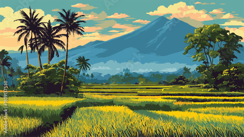 Serene Landscape Painting of Rice Fields, Trees, and Mountain
