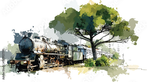 Scenic Train Painting with Tree and Background Landscape