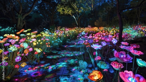 Dream where Enchanting night garden with glowing flowers and illuminated forest magic