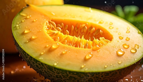 Juicy cantaloupe half, speckled with droplets, shows inner seeds. Dark background, partial second melon blurred
