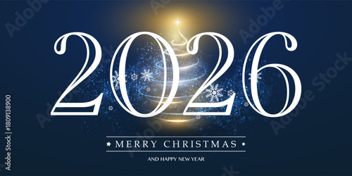 Dark Christmas and New Year Card Background Design with Glowing Christmas Tree, Snow, Snowflakes and White Numerals - Illustration in Editable Vector Format - 2026