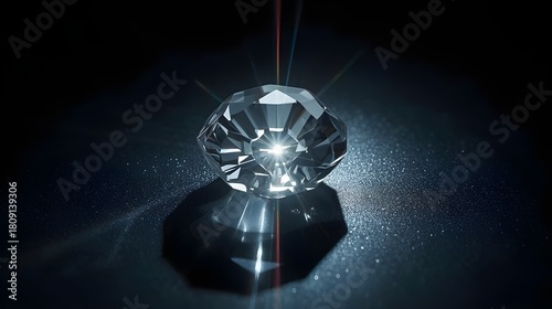 Clear crystal prism refracting vivid rainbow light on glossy dark surface in minimal composition