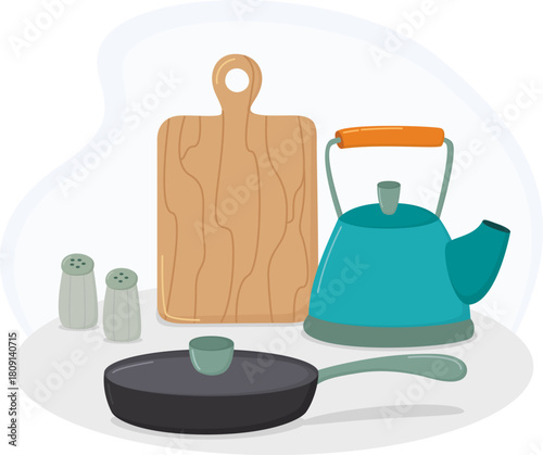 Cozy kitchen composition with blue kettle, frying pan, cutting board and salt and pepper shakers. Cooking and kitchenware still life