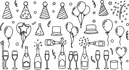 Party Celebration Icon Doodle Pack – Champagne, Balloons & Confetti Vector