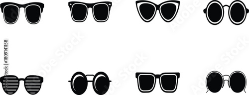 Stylish black sunglasses icon set collection featuring modern eyewear shapes and trendy fashion accessory vector illustration for summer design.