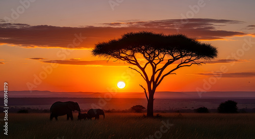 Majestic african savanna sunset with elephants and acacia tree