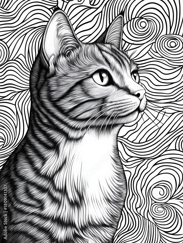 Fototapeta premium Selective focus. Hand-drawn cat illustration with bold black and white lines. Adult coloring page featuring detailed black and white cat design