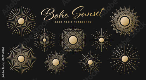 Vintage golden sunburst, sunset beams collection. Boho style, modern minimalist bohemian design. Hand drawn bursting sun, light rays. Logotype or lettering retro design element. Vector illustration