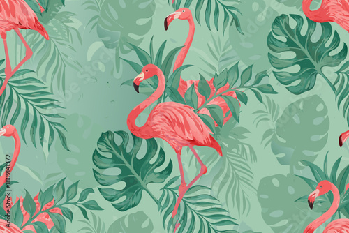 Elegant Pink Flamingos and Tropical Leaves Seamless Pattern jungle
