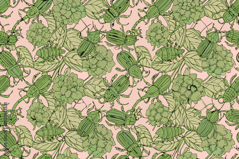 Obraz premium Green doodle beetles and floral elements seamless pattern on pink background insect hand drawn