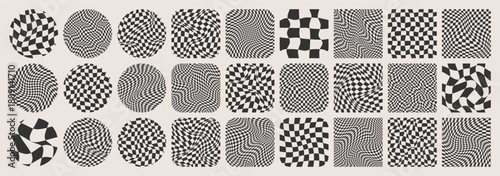Groovy checkered pattern, colorful tiled grid. Vintage wavy curved backdrop, distortion effect. Funky geometric chessboard texture, retro background in 90s style, y2k. Vector illustration