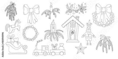 Set of Christmas doodles wreaths for doors, candles, a deer, and various arrangements with fir branches and pine cones, сhristmas house, a train and a sleigh with gifts
