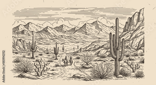 Hand-Drawn Wild West Desert Landscape Sketch - Cowboy & Saguaro Cactus Vector Art