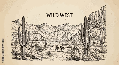 Hand-Drawn Wild West Desert Landscape Sketch - Cowboy & Saguaro Cactus Vector Art