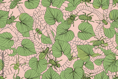 Pattern of green ants spiders and leaves on pink background Keywords: ant, spider, insect, bug, leaf, leaves, plant, flora, fauna, nature, pattern