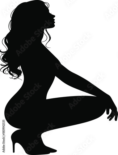 Stylish female silhouette squatting in high heels with long wavy hair for fashion, beauty, posture, and artistic vector design use.