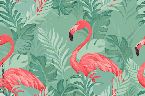 Pink flamingos and tropical foliage seamless pattern with painterly texture Keywords: flamingo, tropical, pattern, seamless, exotic, bird